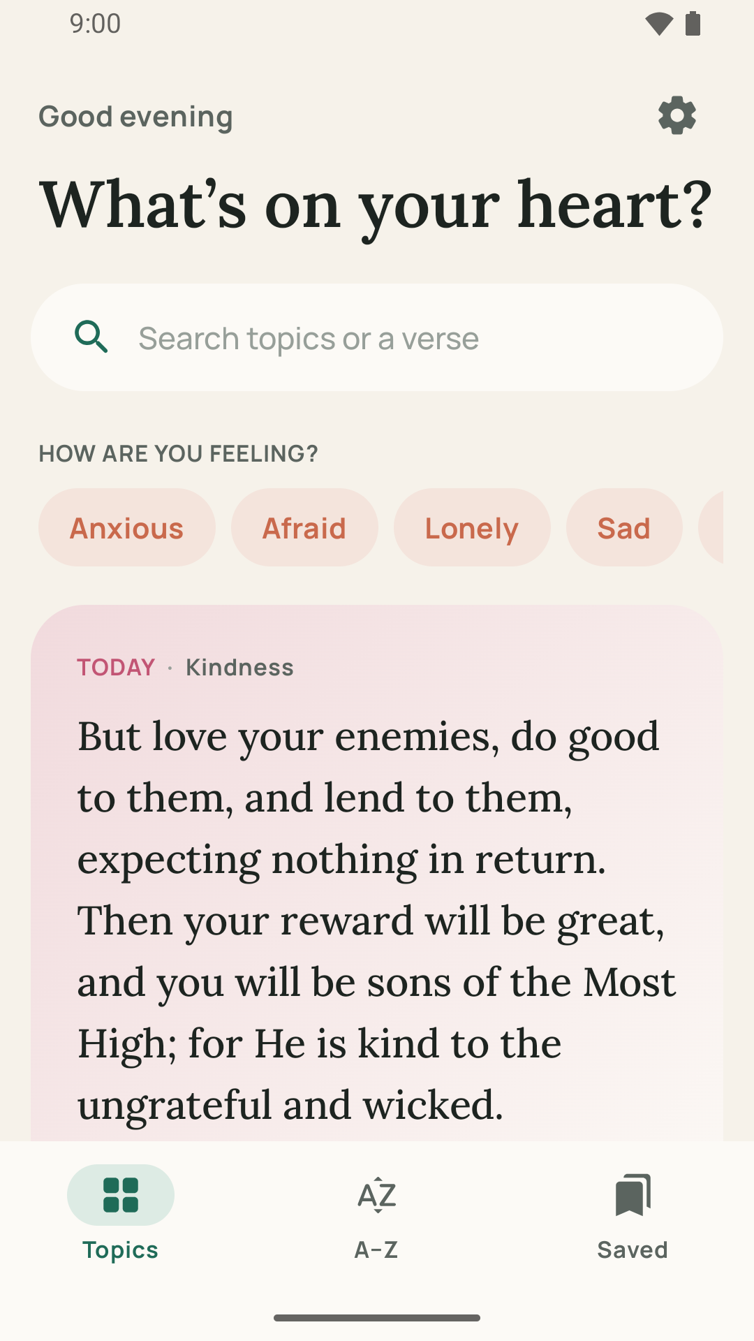 The home screen: how are you feeling, and a verse for today